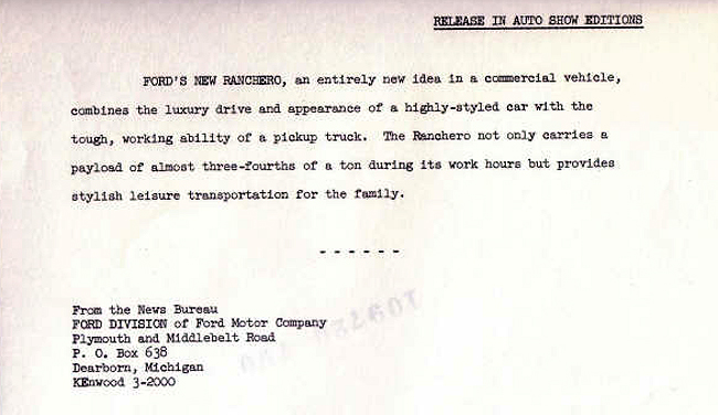 1957 Ford Ranchero press release