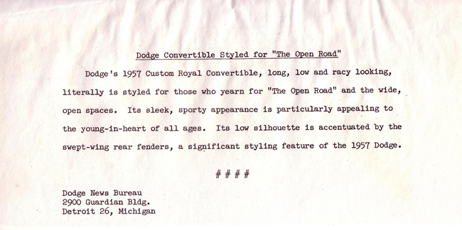 1957 Dodge Custom Royal convertible press release