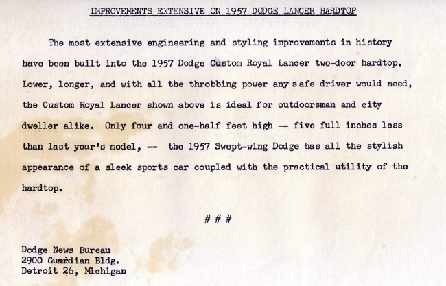 1957 Dodge Lancer press release