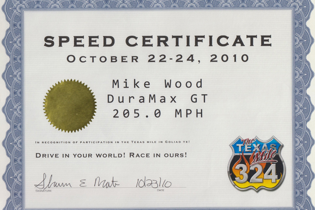 Texas Mile Speed Certificate